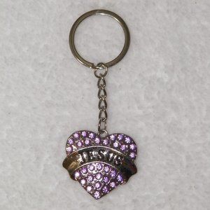 NEW Jesus Heart Silver Keychain Keyring Purple Crystal Rhinestones Bling